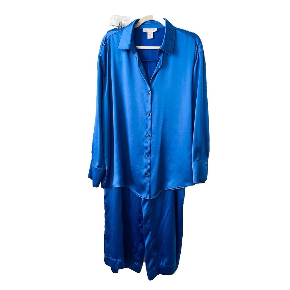 Caroline Constas Jewel Tone Blue Satin Blouse and Pants Matching Set Size XL